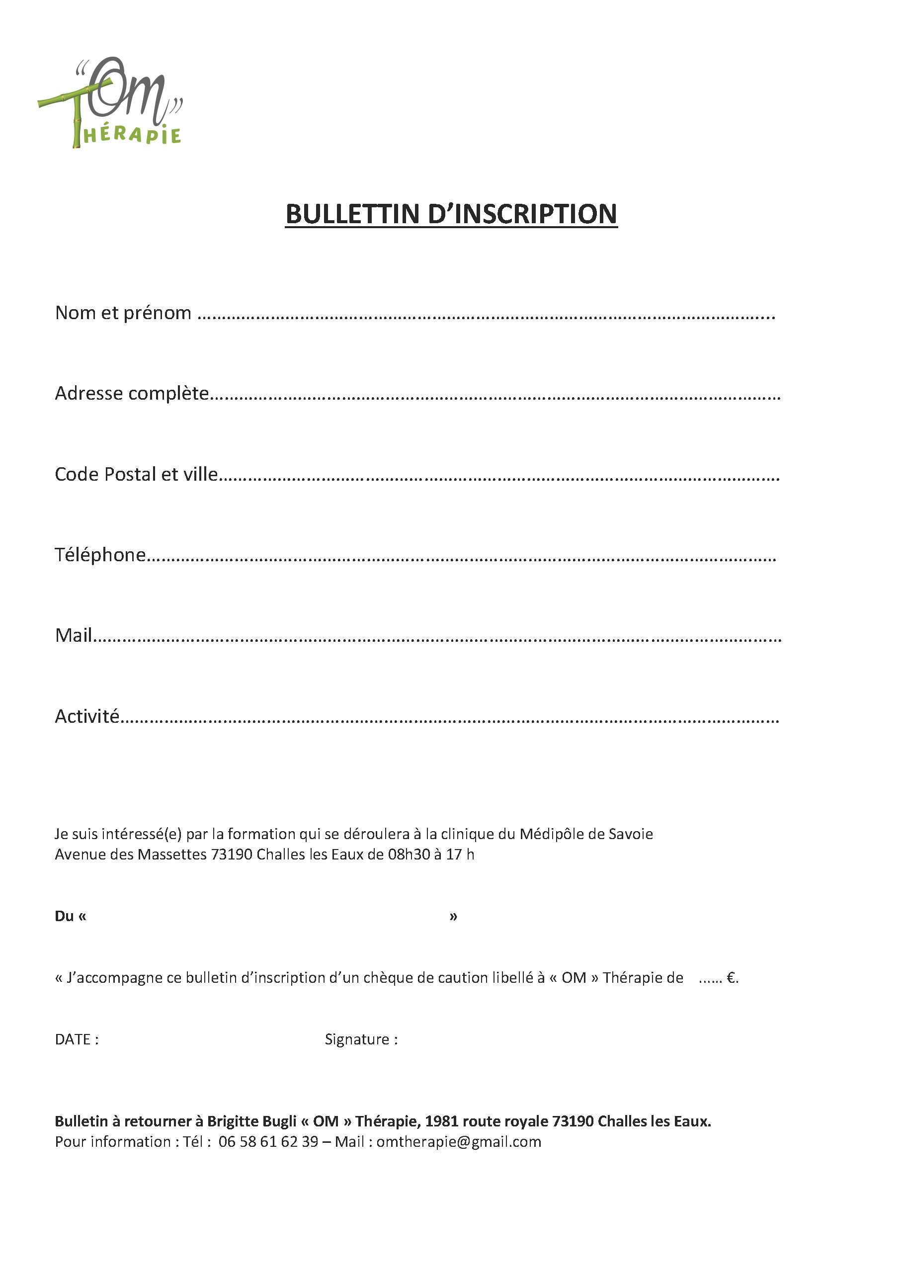 Bulletin d'inscription pour les formations